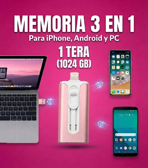 MEMORIA USB INTELIGENTE 3 EN 1 PARA CELULARES - 1 Terabyte (1,024 GB)